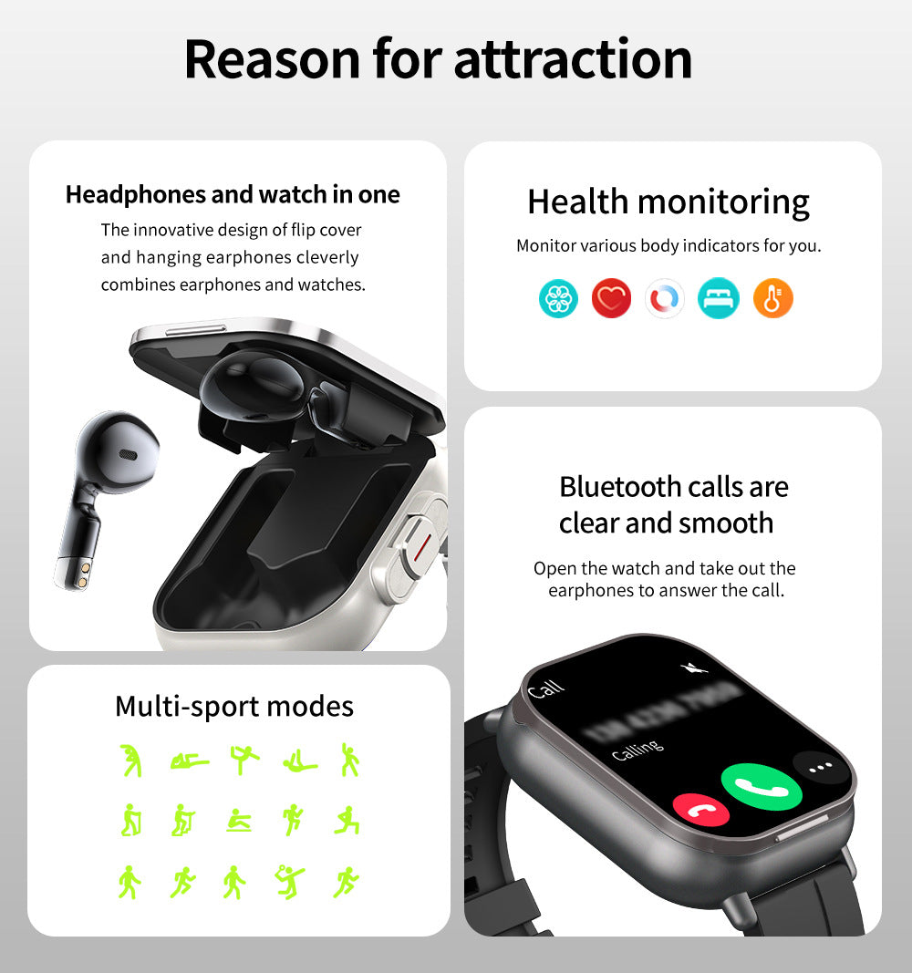 ⌚Smartwatch and Bluetooth headset 2-in-1, full-screen touch, Bluetooth calling, sports watch with heart rate and blood pressure monitoring.